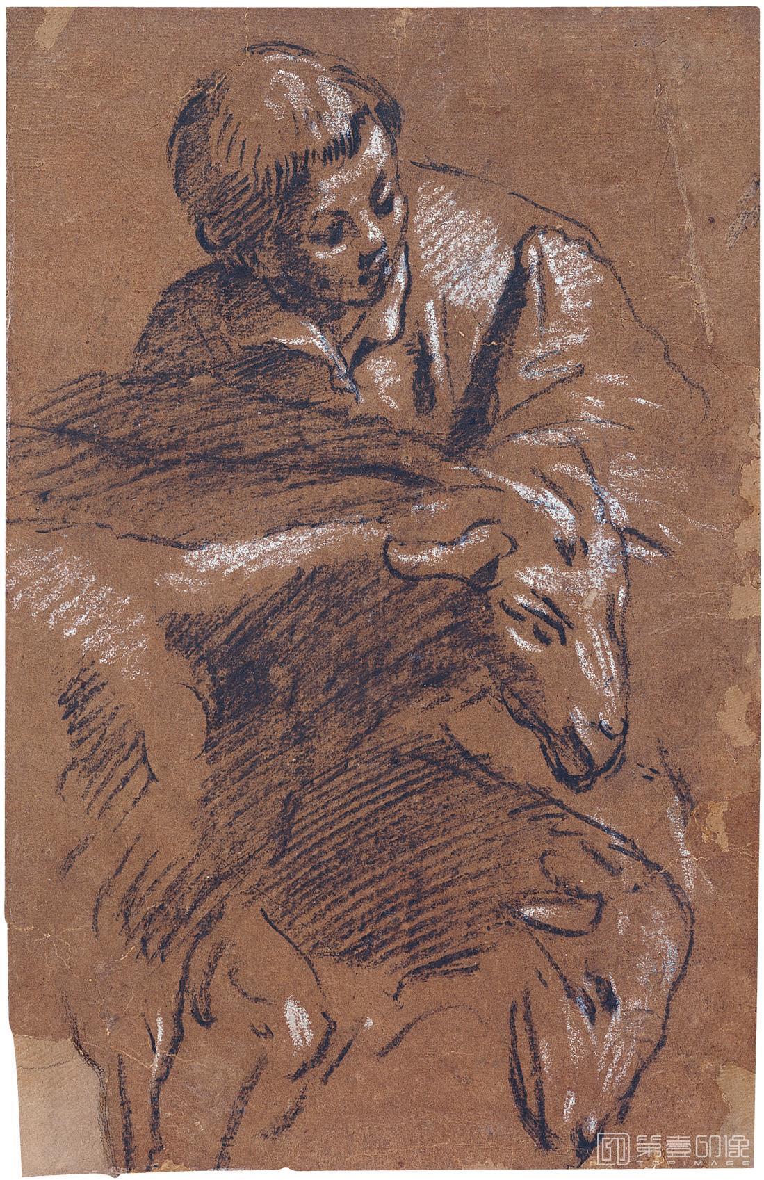素描-西班牙普拉多美术馆素描藏画-Cavedone, Giacomo-Muchacho con dos ovejas-0845